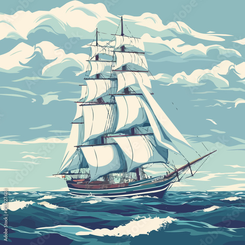 Detailed illustration of an old sailing ship on the high seas, capturing a sense of adventure, flat, vector illustration, Vintage hand drawn.
