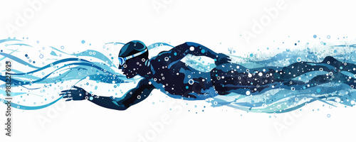 A swimmer gliding through the water, leaving a trail of bubbles in their wake on a white background. Vector flat minimalistic isolated illustration.