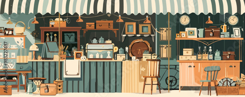 Detailed illustration of an antique market stall with various vintage goods, ideal for flea market themes, flat, vector illustration, Vintage hand drawn.