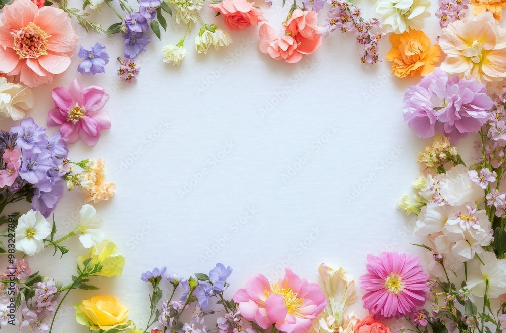 A vibrant arrangement of various colorful flowers framing a blank space for creative use A vibrant arrangement of various colorful flowers framing a blank space for creative use