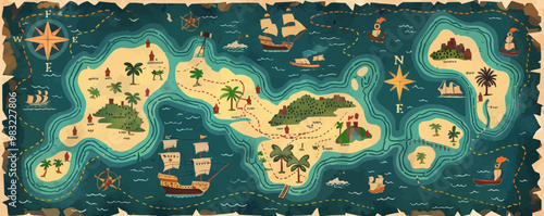Detailed map of an old pirate treasure island, complete with marked routes and hidden treasures, flat, vector illustration, Vintage hand drawn.