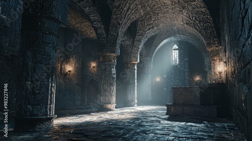 Ancient Dungeon Chamber with Hidden Treasure Chest - Mystical 3D Render of Intricate Stone Carvings and Towering Ceilings