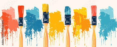 Colorful paintbrushes on a plain white backdrop. Vector flat isolated illustration.