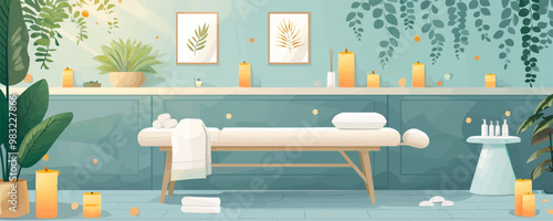 Spa salon with a massage table and aromatic candles. Vector flat minimalistic isolated illustration.