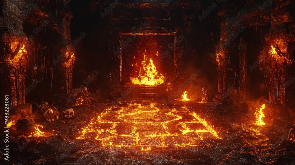 Mysterious Dark Dungeon with Fiery Pit, Glowing Runes, and Chained Skeletons - 3D Render Illustration Mysterious Dark Dungeon with Fiery Pit, Glowing Runes, and Chained Skeletons - 3D Render Illustration