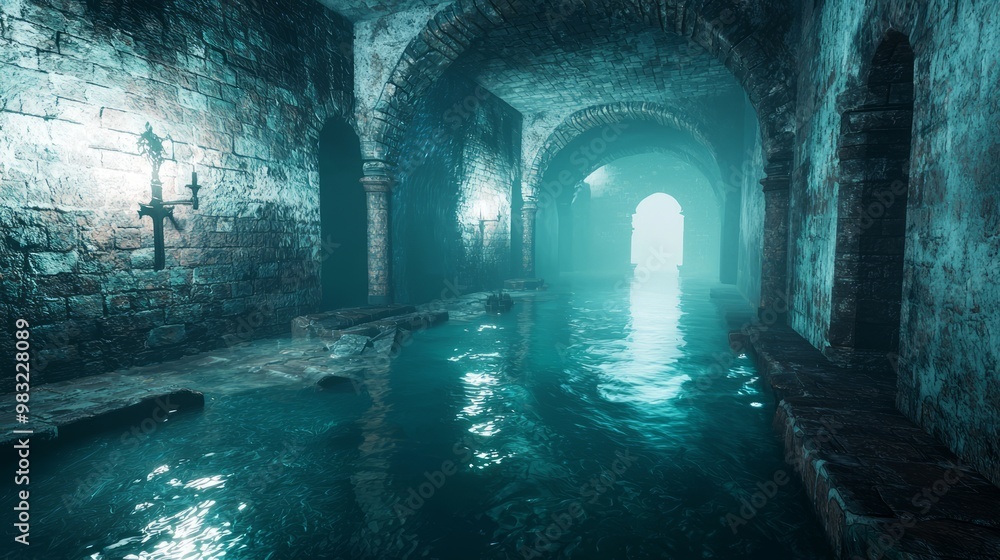 Sinister 3D Dungeon: Flooded Depths with Ghostly Figures Sinister 3D Dungeon: Flooded Depths with Ghostly Figures