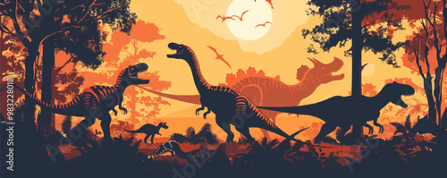 Dinosaurs, T-Rex, Triceratops, and Velociraptor in prehistoric scenes, ancient creatures silhouettes, black silhouette, vector illustration, flat style.