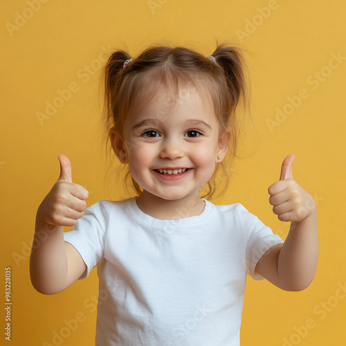 happy girl 2 years old in a white T-shirt shows thumbs up, yellow background behind photo