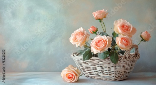 Delicate pale roses arranged in a wicker basket on a soft pastel background i...