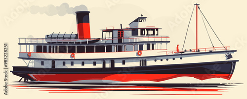 Nostalgic paddlewheel steamboat Vector flat minimalistic isolated illustration