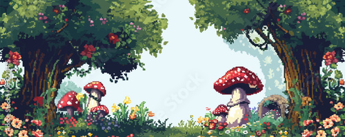 Draw pixel art of a magical fairyland with flowers, pixel art on white isolated background, vector design.