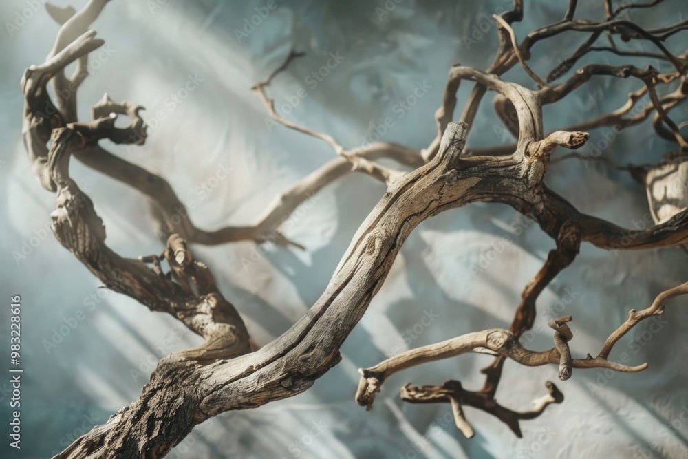Close-up shot of a bare tree branch with no leaves, suitable for use in illustrations about seasons, nature, or environmental themes Close-up shot of a bare tree branch with no leaves, suitable for use in illustrations about seasons, nature, or environmental themes