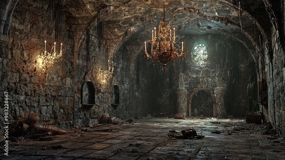 Eerie 3D Visualization of an Abandoned Dungeon with Ancient Stone Walls, Rusted Armor, and Cobweb-Covered Chandeliers Eerie 3D Visualization of an Abandoned Dungeon with Ancient Stone Walls, Rusted Armor, and Cobweb-Covered Chandeliers