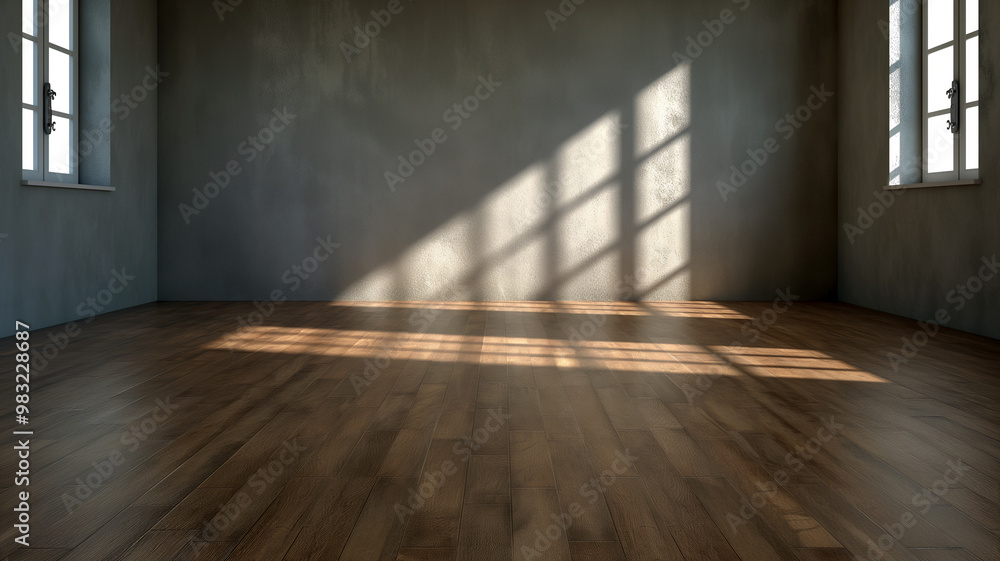 Empty room with sunlight streaming through windows onto wooden floor Empty room with sunlight streaming through windows onto wooden floor