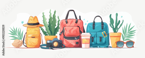 Travel essentials and vacation gear on a clean white surface. Vector flat isolated illustration.