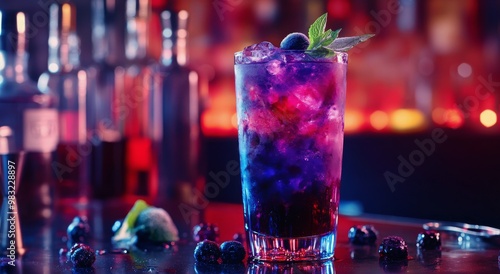 Vibrant cocktail with blueberries and mint served in a tall glass at a lively...