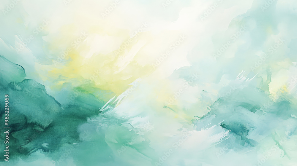 A watercolor oil painting with light, airy strokes of mint green, sky blue, and soft yellow, blending softly into a calming abstract background. A watercolor oil painting with light, airy strokes of mint green, sky blue, and soft yellow, blending softly into a calming abstract background.
