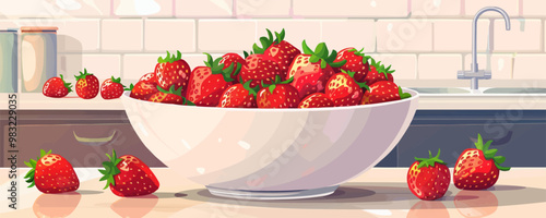 A bowl of ripe strawberries on a kitchen counter. Vector flat minimalistic isolated illustration.