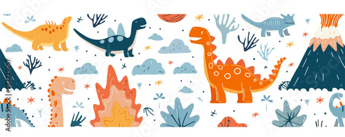 Cute dinosaurs and volcanoes seamless pattern background, playful prehistoric creatures and landscapes, vector pattern.