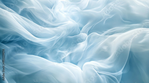 Soft trails of translucent smoky white and light blue swirl gently, creating an ethereal and peaceful abstract effect with smooth transitions.