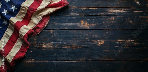 Rustic wooden backdrop with an American flag displayed in the corner during d...