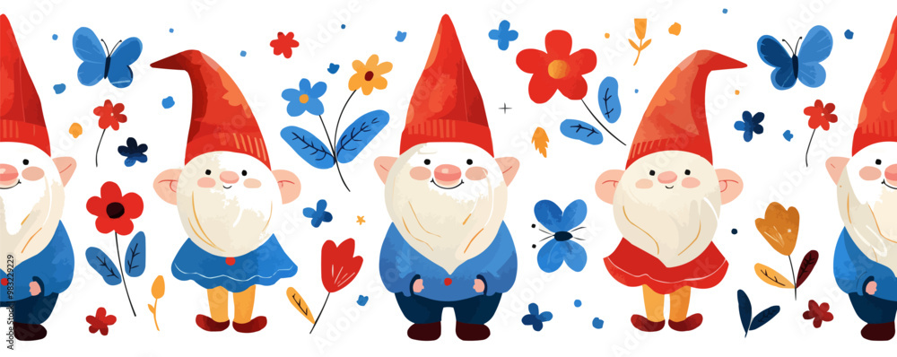 Cute garden gnomes with flowers, mushrooms, and butterflies, whimsical and fun, flat, vector illustration, seamless pattern background design. Cute garden gnomes with flowers, mushrooms, and butterflies, whimsical and fun, flat, vector illustration, seamless pattern background design.