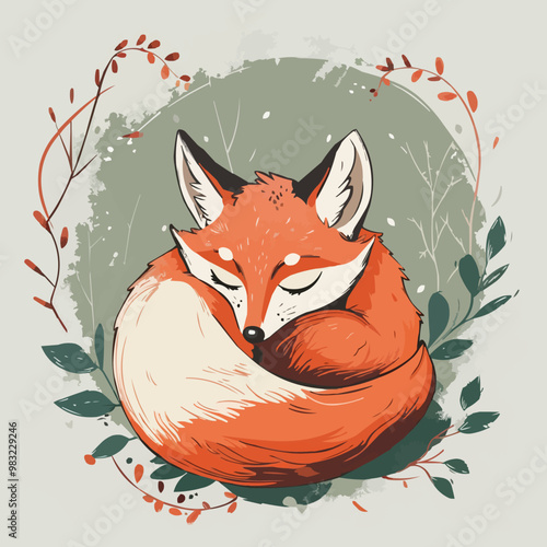 Cute fox curled up with a dreamy expression, forest friend, vector illustration for t-shirt, flat style.