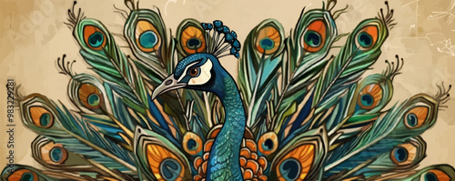 Elegant peacock with elaborate feather designs, ideal for art and decor themes, flat, vector illustration, vintage hand drawn.