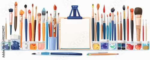 Art supplies and sketchbook on a plain white backdrop. Vector flat isolated illustration.