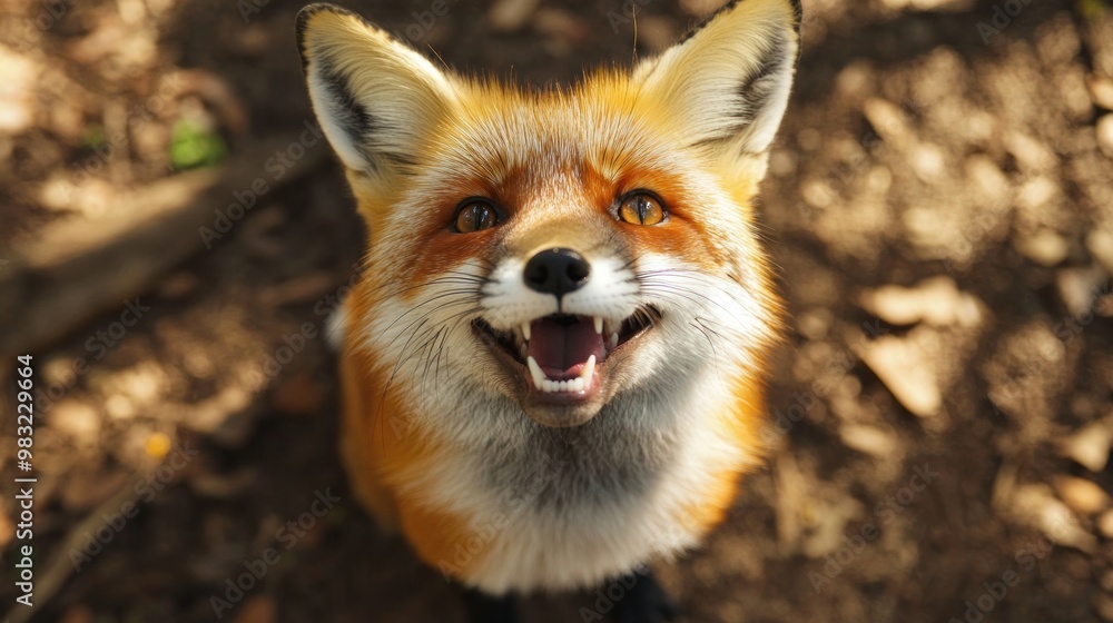 Obraz premium A Red Fox Smiles Up at the Camera in a Forest Setting