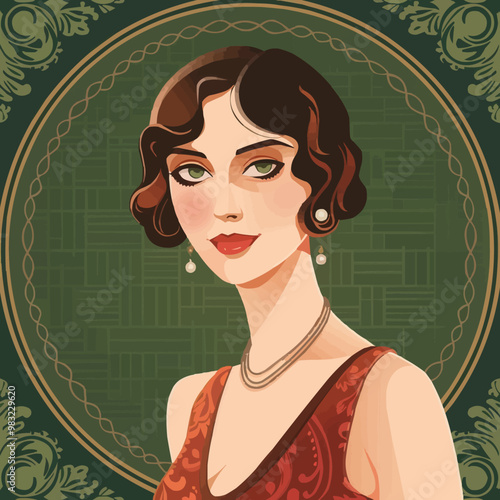 1920s flapper style portrait with glamorous outfits and retro vibes, flat portrait, vector illustration.