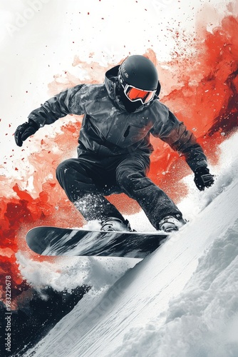 Snowboards resting on a snow-covered mountain peak with breathtaking alpine v...