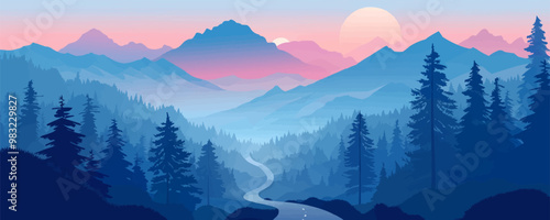 Serene mountain landscape with a winding hiking trail Vector flat minimalistic isolated illustration