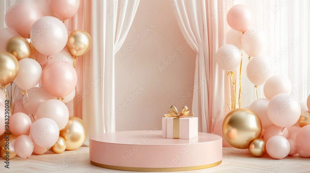 A luxurious round podium in blush pink with gold accents, surrounded by soft-colored balloons and a gift box wrapped in satin for a Mother's Day event. A luxurious round podium in blush pink with gold accents, surrounded by soft-colored balloons and a gift box wrapped in satin for a Mother's Day event.
