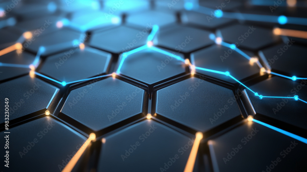 Hexagon grid background in light gray with blue highlights, connected by glowing lines to represent a dynamic and secure digital network. Hexagon grid background in light gray with blue highlights, connected by glowing lines to represent a dynamic and secure digital network.