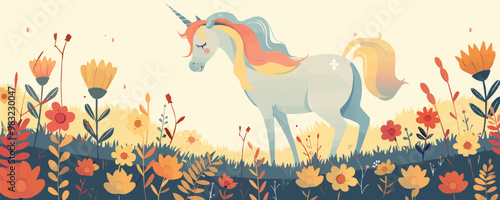 A mystical unicorn grazing in a sun-dappled meadow. Vector flat minimalistic isolated illustration.