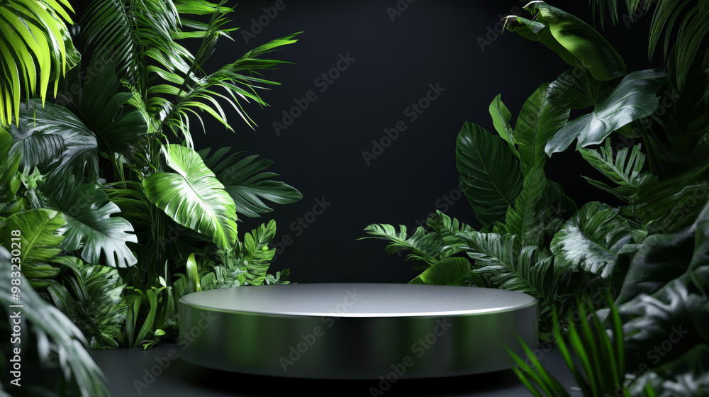 A futuristic silver podium with tropical leaves gently surrounding it, placed against a dark matte black background with subtle light effects. A futuristic silver podium with tropical leaves gently surrounding it, placed against a dark matte black background with subtle light effects.