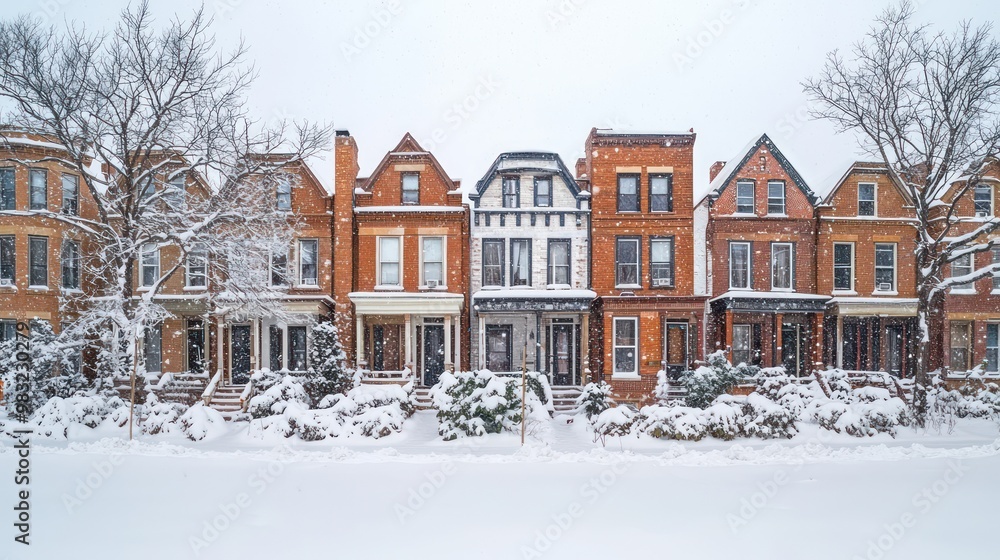 A series of historic brick row houses in a snowy urban setting, their shared walls helping to keep heating costs down and spirits up as neighbors enjoy the winter season together A series of historic brick row houses in a snowy urban setting, their shared walls helping to keep heating costs down and spirits up as neighbors enjoy the winter season together