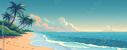A serene beach with palm trees swaying in the ocean breeze. Vector flat minimalistic isolated illustration.