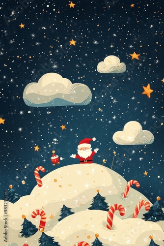 A whimsical winter night with Santa and his sleigh beneath a golden moon and ...