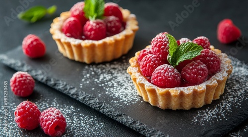 Delicious raspberry tarts with fresh mint displayed on a dark slate board