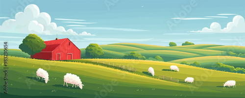 A serene countryside farm with rolling fields and grazing sheep. Vector flat minimalistic isolated illustration.