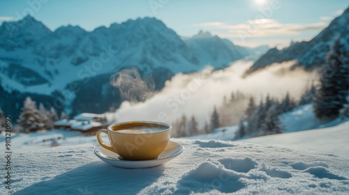 A cozy cup of coffee on a snowy winter day in a mountain lodge setting