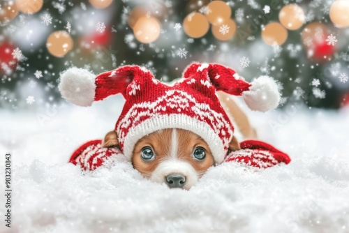 A cheerful puppy relaxes in a snowy setting, adorned with a cozy red hat, as snowflakes gently fall around