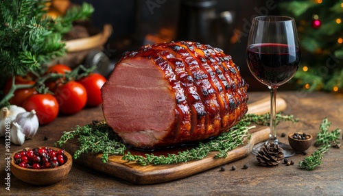 Festive holiday dinner featuring glazed ham, red wine, fresh herbs, and seaso...