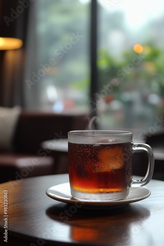 Refreshing glasses of iced beverage with mint leaves served indoors at a cozy...