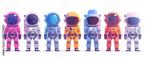 Spacesuit toys on a white backdrop. Vector flat isolated illustration.