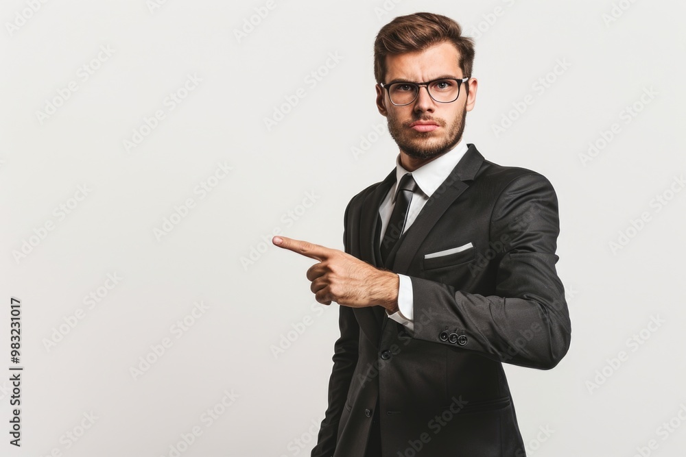 A man in a suit gesturing towards something with his finger, suitable for use in presentations or illustrations A man in a suit gesturing towards something with his finger, suitable for use in presentations or illustrations