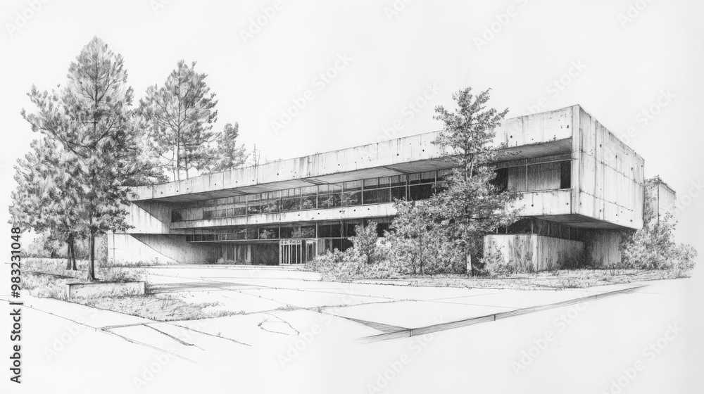 Creative Modern Architectural Sketch of Concrete Building with Trees. Creative Modern Architectural Sketch of Concrete Building with Trees.