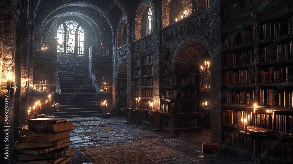 Mystical Ancient Library in Dungeon - 3D Render with Dusty Tomes, Candlelight, and Dancing Shadows Mystical Ancient Library in Dungeon - 3D Render with Dusty Tomes, Candlelight, and Dancing Shadows